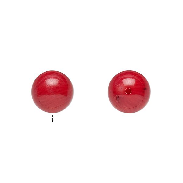 Bead, bamboo coral (dyed), red, 9.5-10.5mm half-drilled round, Mohs hardness 3-1/2 to 4. Sold per pkg of 2. image number 0
