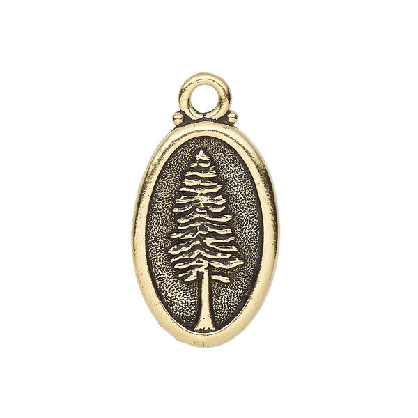 Charm, TierraCast®, antique gold-plated pewter (tin-based alloy), 26x16mm 2-sided oval with redwood and "Not all those who wander are lost." Sold individually. image number 0