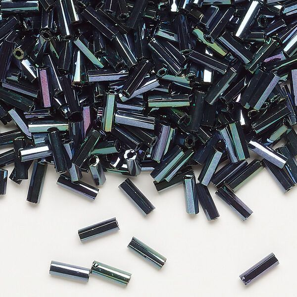 Bugle bead, Dyna-Mites™, glass, opaque iris green, #3 hex 2-cut. Sold per 1/2 kilogram pkg. image number 0