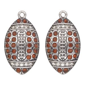 Focal, antique silver-finished "pewter" (zinc-based alloy) and glass, brown, 30x18mm single-sided football. Sold per pkg of 2.