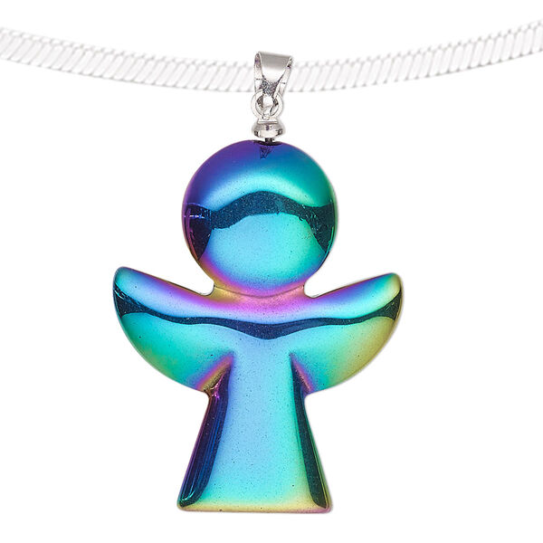 Pendant, electroplated Hemalyke™ (man-made) and silver-finished brass, rainbow, 30x24mm single-sided angel. Sold individually. image number 0