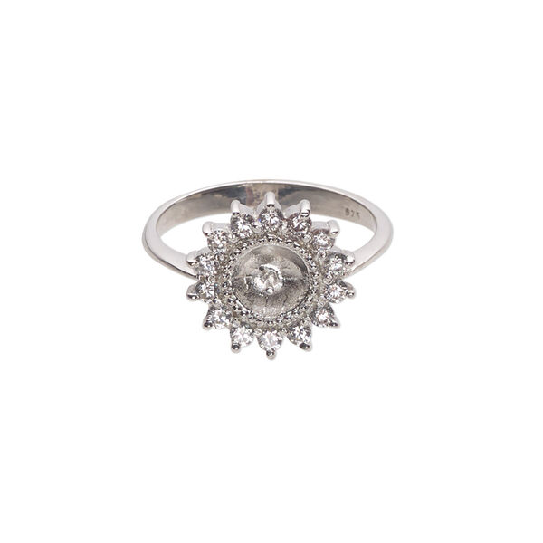 Ring, cubic zirconia and rhodium-plated sterling silver, clear, 3mm band with 13mm flower and 3mm peg, fits 8mm half-drilled bead, size 7. Sold individually. image number 0