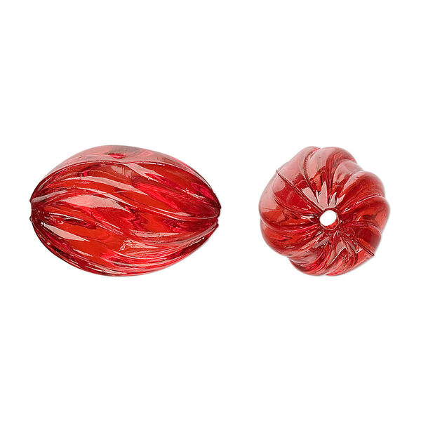 Bead, acrylic, red, 20x13mm fluted oval. Sold per 100-gram pkg, approximately 50 beads. image number 0