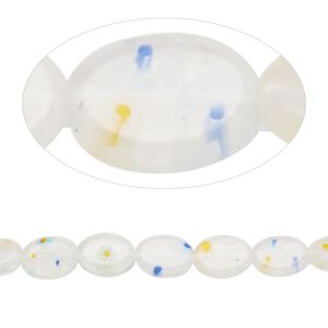 Bead, millefiori glass, translucent clear and multicolored, 8x6mm flat oval with flower design. Sold per 14-inch strand.