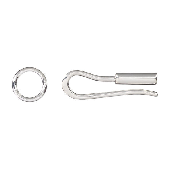 Clasp, hook, sterling silver, 24x7.5mm with crimp end and 9mm soldered jump ring. Sold individually. image number 0