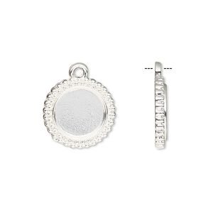 Drop, silver-finished brass, 15mm single-sided beaded round with 10mm round setting. Sold per pkg of 10.