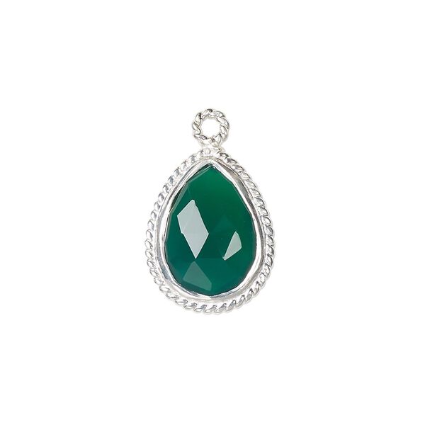 Drop, green onyx (dyed) and sterling silver, 18x14mm-20x15mm hand-cut double-sided faceted teardrop with twisted wire design. Sold individually. image number 0