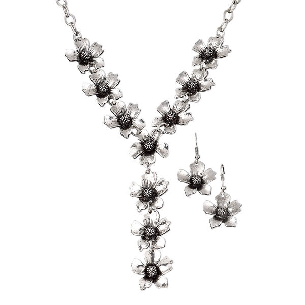 Necklace / bracelet / earring, antique silver-plated steel and "pewter" (zinc-based alloy), 3-3/4 inch dangle with 25x23mm flower, 15" to 16" necklace with 3-inch extender chain and lobster claw clasp, 7-1/2 inch bracelet with 3-inch extender and lobster claw clasp, 39x23mm earrings with fishhook ear wire. Sold per set. image number 0