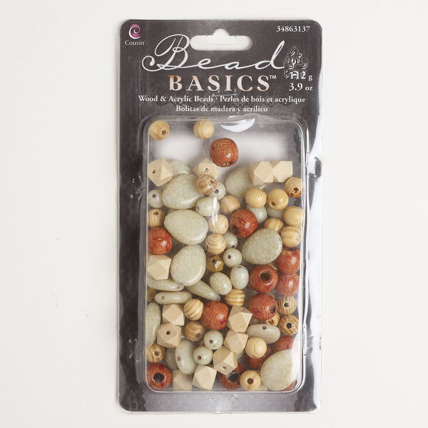 Bead mix 1pkg1, wood (natural) and acrylic, mixed colors, 10x9mm-25x19mm mixed shapes, 100 grams. image number 0