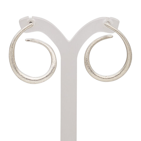 Earring, stainless steel with imitation rhodium-plated brass and "pewter" (zinc-based alloy), 29mm with scratched swirl and post. Sold per pair. image number 0