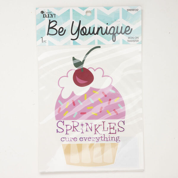 Iron-on transfer 1pkg1, vinyl, purple / white / pink, pkg/1, 7x4-1/2 inch cupcake with "Sprinks cure everything." image number 0