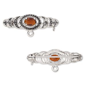 Brooch, cubic zirconia and antique silver-plated bronze, garnet red, 28x9mm with 6x4mm faceted oval and closed loop. Sold individually.