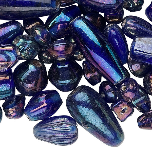 Bead mix, glass, luster cobalt blue, 7x4mm-21x11mm mixed shape. Sold per pkg of 50 grams, approximately 60-100 beads. image number 0