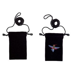 Pouch, velveteen with metallic embroidery, black and multicolored, 5x3 inches with hummingbird design, 26-inch shoulder strap. Sold per pkg of 2.