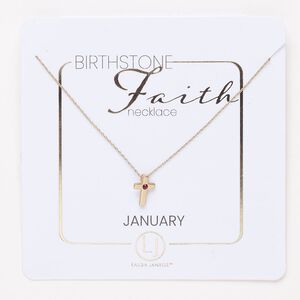 Necklace, steel and glass, pkg/16 inches with lobster claw clasp and 3-inch extender chain, 10x7mm January birthstone cross, gold finish and garnet red.