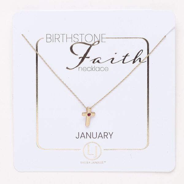 Necklace, steel and glass, pkg/16 inches with lobster claw clasp and 3-inch extender chain, 10x7mm January birthstone cross, gold finish and garnet red. image number 0