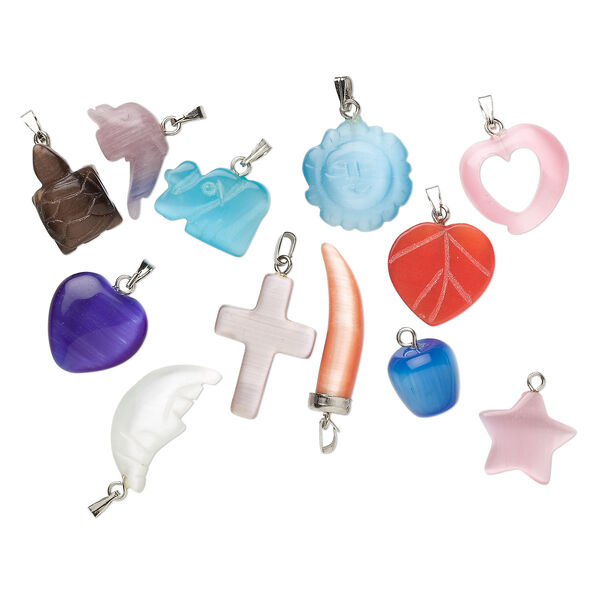 Pendant mix, cat's eye glass (fiber optic glass) and silver-finished brass or steel, multicolored, 20x18mm-35x8mm mixed shape. Sold per pkg of 12. image number 1