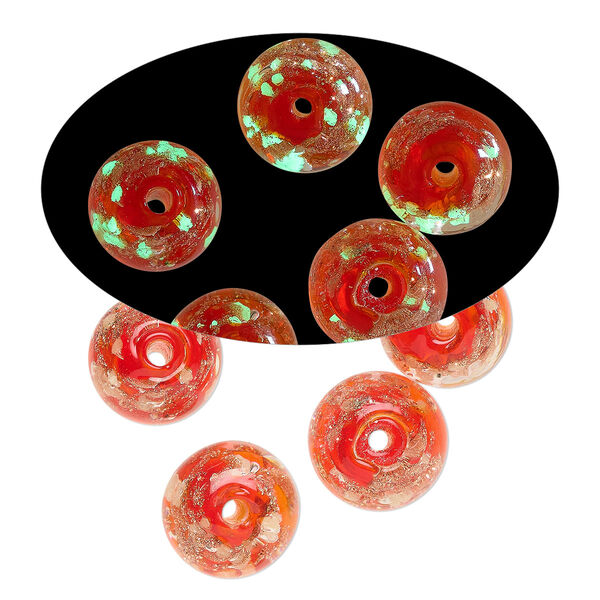Bead, lampworked glass, clear / red / glow-in-the-dark / gold, 10mm round. Sold per pkg of 6. image number 0