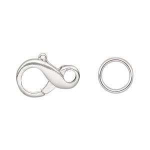 Clasp lobster claw 1pkg1 sterling silver, 19x11mm / 10mm 16 gauge closed jump ring, 1-strand