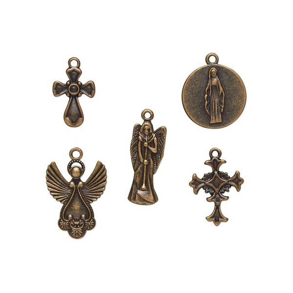 Drop, antique brass-finished "pewter" (zinc-based alloy), assorted spiritual designs. Sold per pkg of 5 drops. image number 0