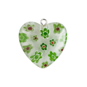 Component 1pkg1, silver-finished steel / millefiori glass, translucent / transparent multicolored, 24-25mm puffed heart.