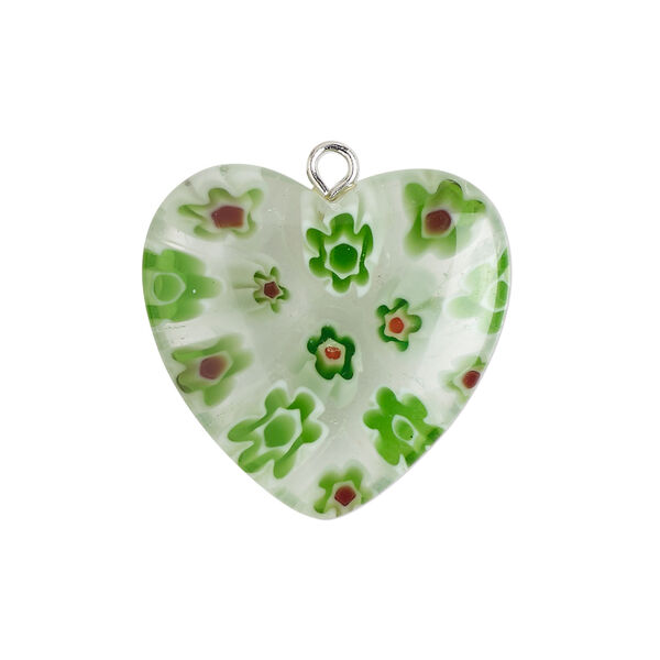 Component 1pkg1, silver-finished steel / millefiori glass, translucent / transparent multicolored, 24-25mm puffed heart. image number 0
