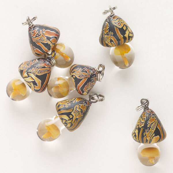 Drop, silver-finished steel / brass / glass / polymer clay, orange / black / clear, 21x13mm-25x16mm mushroom. Sold per pkg of 6. image number 0