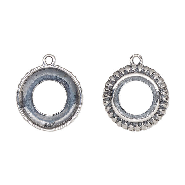 Drop, antiqued sterling silver, 16mm round with 10mm round setting and open back. Sold individually. image number 0