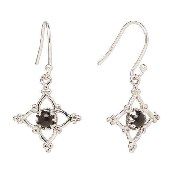 Ear wire, Create Compliments®, antiqued sterling silver and black onyx (dyed), fishhook, 32mm with 17mm single-sided open beaded diamond, 21 gauge. Sold per pair. image number 0