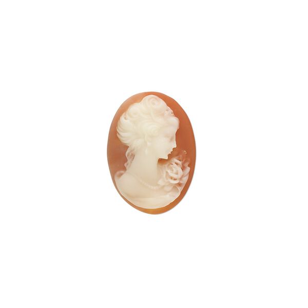 Cabochon, acrylic, peach and white, 18x13mm right- and left-facing non-calibrated oval cameo with woman. Sold per pkg of 2. image number 0