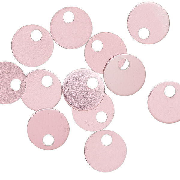 Drop, anodized aluminum, pink, 9mm double-sided flat round blank with 2mm hole, 20 gauge. Sold per pkg of 20. image number 0