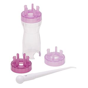 French knitter, Clover, plastic, purple / clear / white, 3-1/2 x 1-1/4 inches with 4-1/2 inch hook and (3) 1-1/2 x 1-inch interchangeable heads. Sold per 5-piece set.