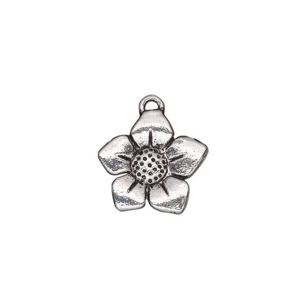 Charm, antique silver-plated "pewter" (zinc-based alloy), 15x14mm single-sided flower. Sold per pkg of 20. image number 0