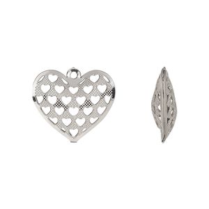 Charm, stainless steel, 17.5x16mm double-sided domed heart with textured cut-out hearts design. Sold per pkg of 6.