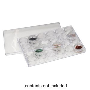 Organizer, plastic, clear, 9-3/8 x 6-3/8 x 1-inch rectangle, (24) 1-1/2 x 3/4 inch round vials with twist-off lids. Sold individually.
