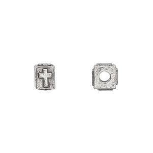 Bead, alphabet bead, pewter (tin-based alloy), pkg/1, antiqued, 8x6mm rectangle with cross.