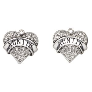 Charm, antique silver-finished enamel "pewter" (zinc-based alloy) and glass, clear and black, 24x23mm heart with "Auntie". Sold per pkg of 2.