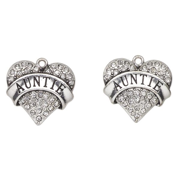 Charm, antique silver-finished enamel "pewter" (zinc-based alloy) and glass, clear and black, 24x23mm heart with "Auntie". Sold per pkg of 2. image number 0