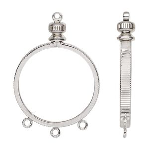Drop, imitation nickel-plated brass, 34x25mm round with twist-off top and open back with 24mm flat round bezel setting and 3 closed loops. Sold individually.
