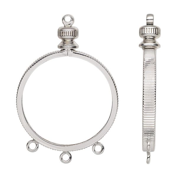 Drop, imitation nickel-plated brass, 34x25mm round with twist-off top and open back with 24mm flat round bezel setting and 3 closed loops. Sold individually. image number 0