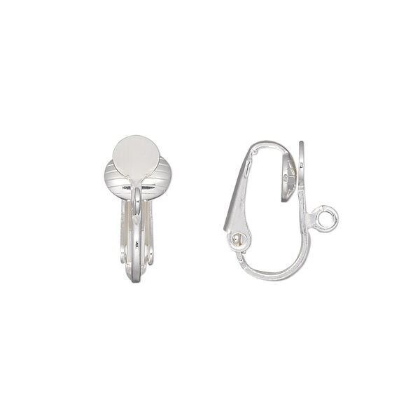 Earring, clip-on, silver-plated steel, 16mm hinged with 5mm round flat pad and open loop. Sold per pkg of 5 pairs. image number 0