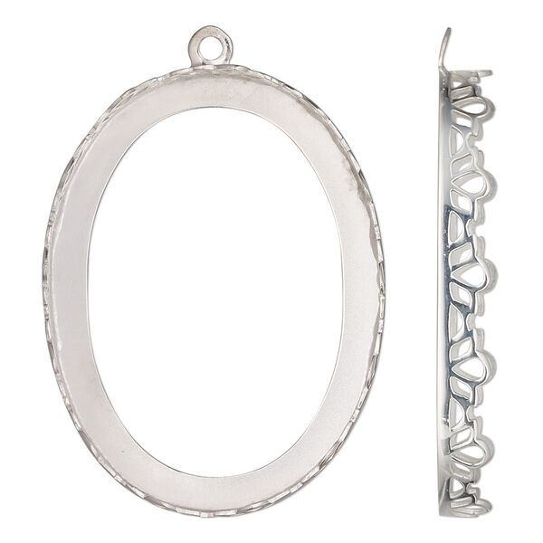 Drop, sterling silver, 42x31.5mm oval with decorative trim and open back with 40x30mm oval cabochon bezel setting. Sold individually. image number 0