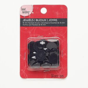 Flat back, acrylic, opaque black, 16mm faceted round. Sold per pkg of 30.