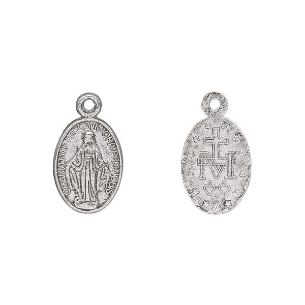 Drop, antique silver-plated "pewter" (zinc-based alloy), 14x10mm double-sided oval with Miraculous Medal. Sold per pkg of 50. image number 0