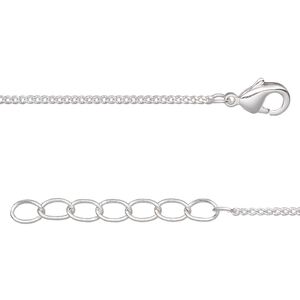 Chain, silver-plated brass, 1mm curb, 36 inches with 1-1/4 inch extender chain and lobster claw clasp. Sold per pkg of 2.