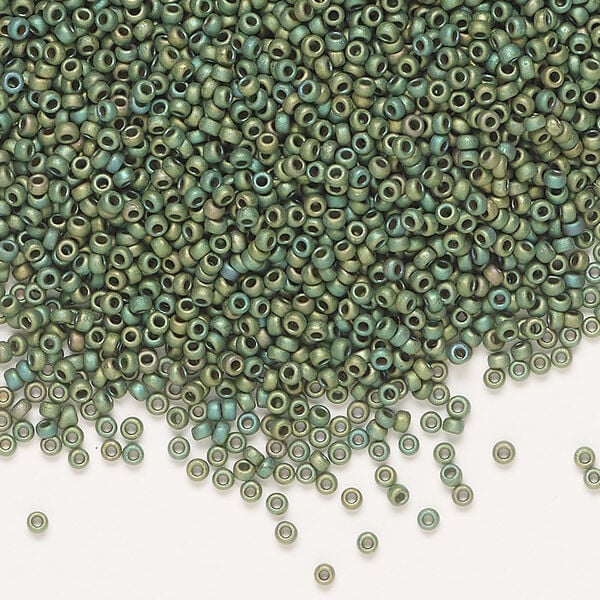 Seed bead, Miyuki 1pkg250g, glass, #15 rocaille, opaque matte gold luster sage green (RR-2031) image number 0
