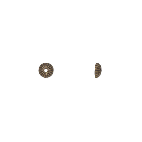Bead cap, antique gold-plated brass, stamped, 5x2mm ribbed round, fits 5-7mm bead. Sold per pkg of 100. image number 0