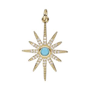 Charm, cubic zirconia and gold-finished brass, turquoise blue and clear, 24x19mm single-sided star with 5mm open jump ring. Sold individually.