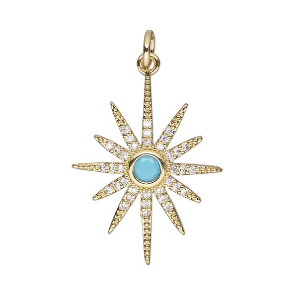 Charm, cubic zirconia and gold-finished brass, turquoise blue and clear, 24x19mm single-sided star with 5mm open jump ring. Sold individually. image number 0