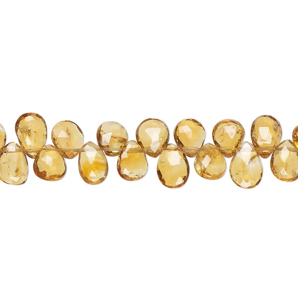 Bead, golden citrine (heated), 6x4mm-8x5mm hand-cut top-drilled faceted puffed teardrop, B+ grade, Mohs hardness 7. Sold per 8-inch strand, approximately 65 beads. image number 0